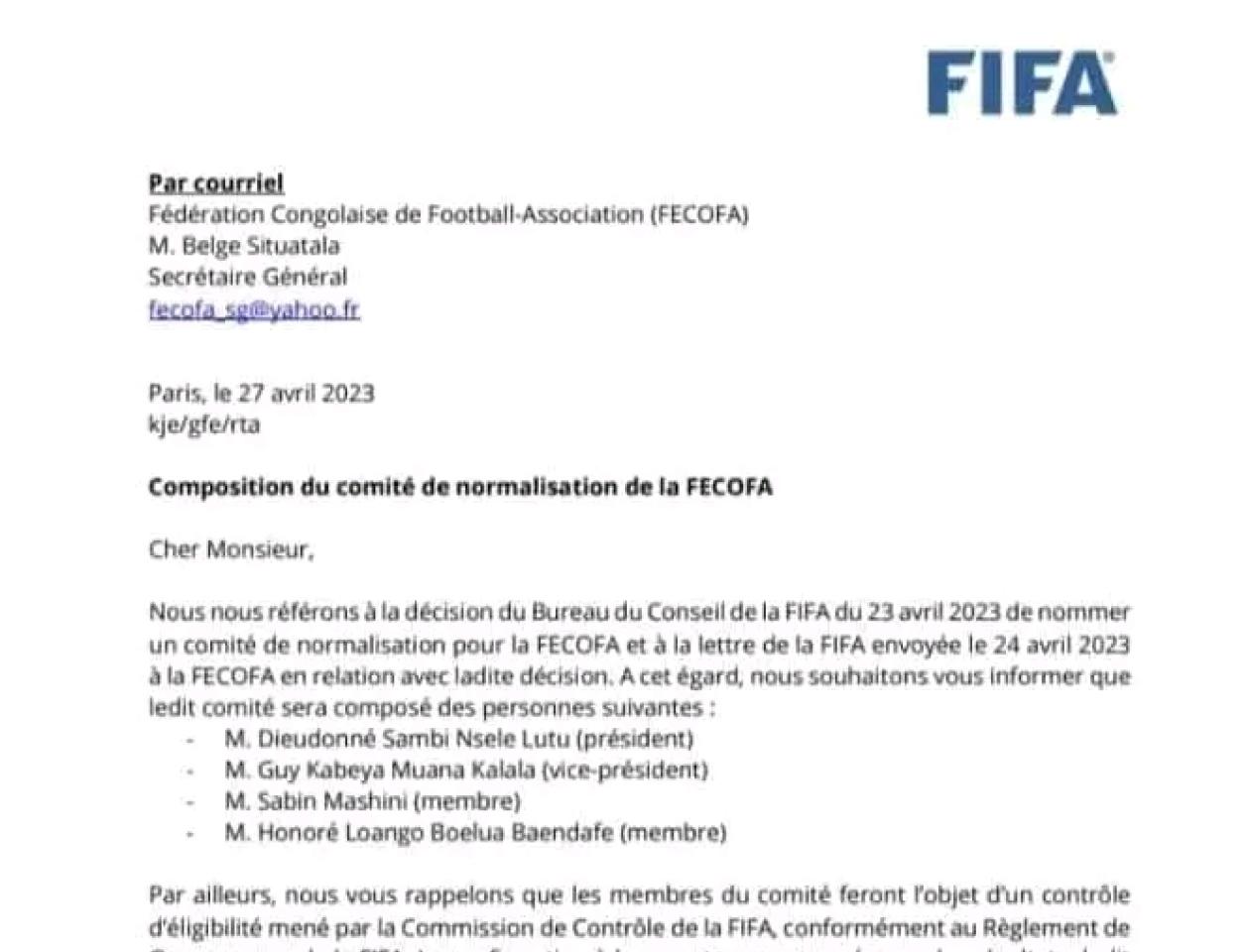Paris, Correspondance de la FIFA adressée à la FECOFA, 27 avril 2023.