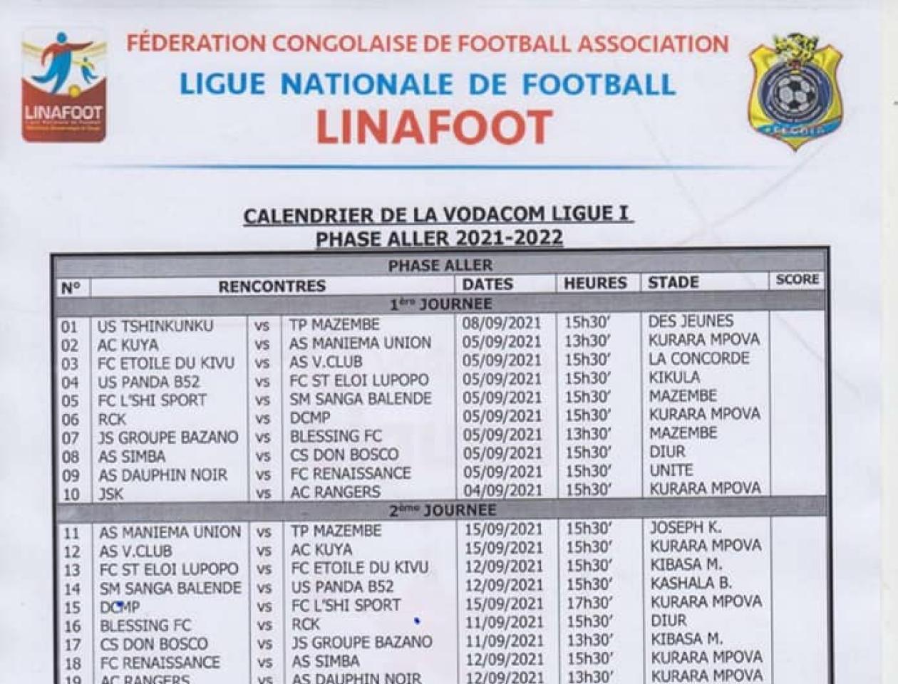 Calendrier de la Linafoot saison 2021-2022